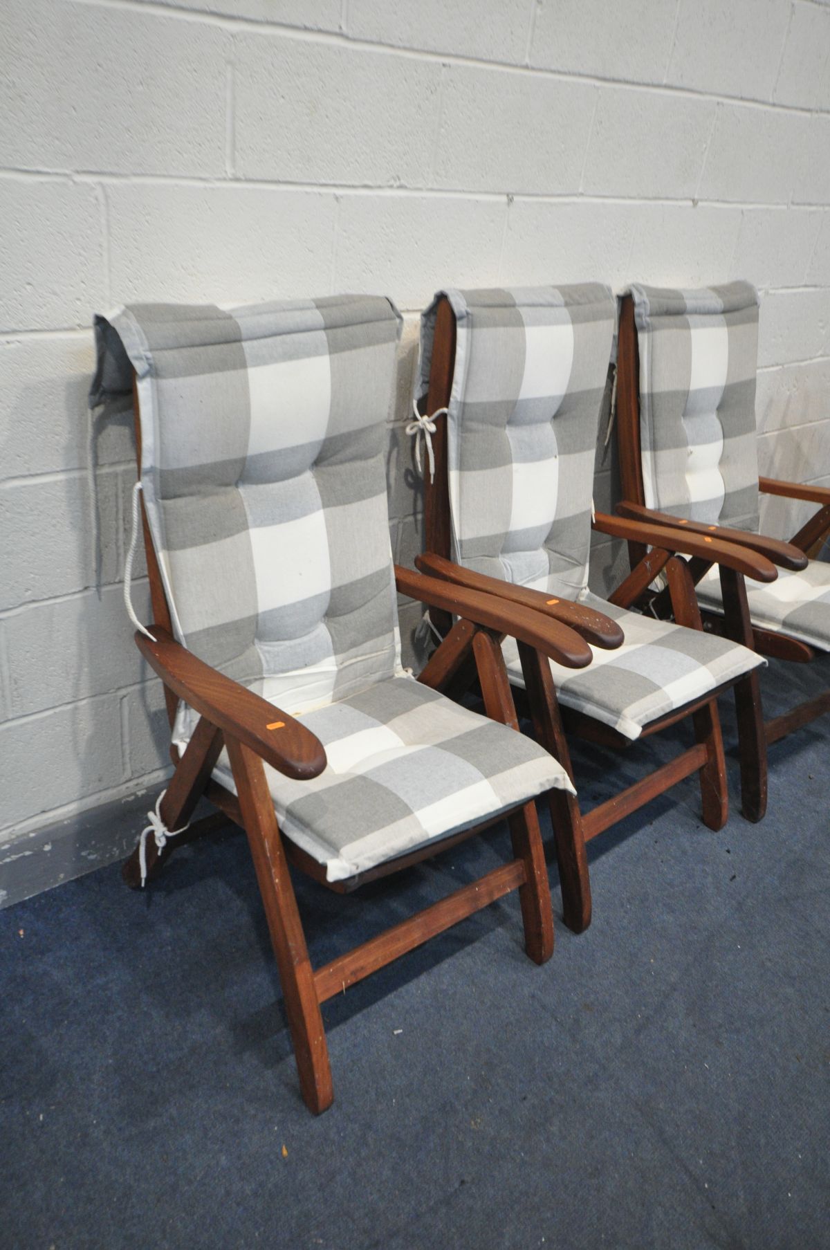 THREE TEAK FOLDING GARDEN CHAIRS, with patterned removable cushions, and a 1970's folding deck chair - Image 2 of 2