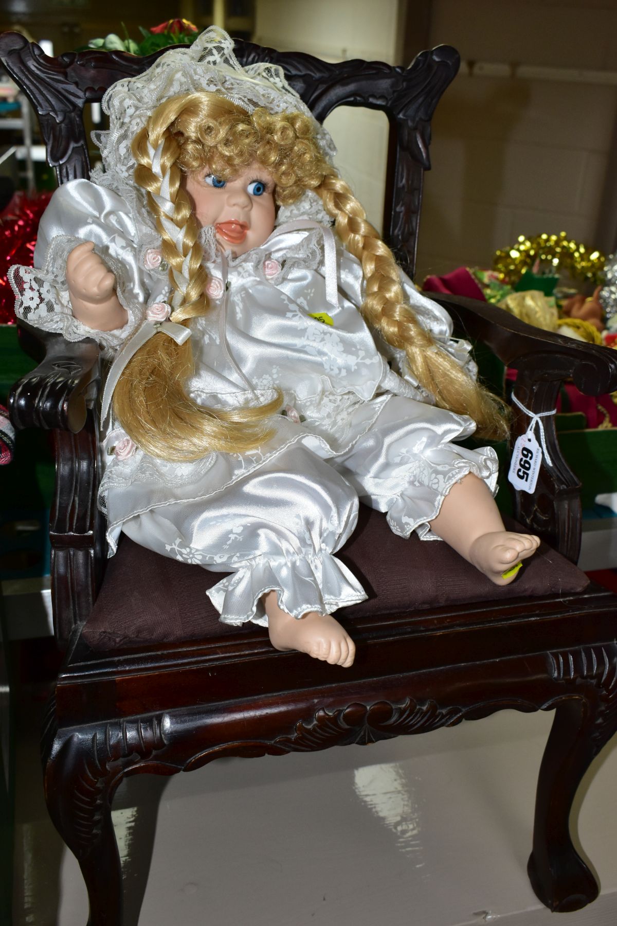 A BOX OF ASSORTED DOLLS AND A REPRODUCTION MAHOGANY STAINED CHIPPENDALE STYLE DOLL'S CHAIR, height - Image 2 of 3