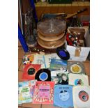 TWO BOXES AND LOOSE RECORDS, SUITCASE, KITCHENALIA AND SUNDRY HOUSEHOLD ITEMS, to include a