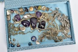 A SMALL BOX OF ASSORTED SILVER AND WHITE METAL JEWELLERY, to include an abstract amethyst cabochon