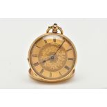 A YELLOW METAL OPEN FACE POCKET WATCH, hand wound movement, gold tone dial with floral detailing