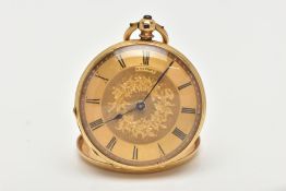 A YELLOW METAL OPEN FACE POCKET WATCH, hand wound movement, gold tone dial with floral detailing