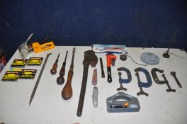 A BOX OF VINTAGE AND MODERN HANDTOOLS to include Record 24 stilsons, Toolzone stilsons, three G