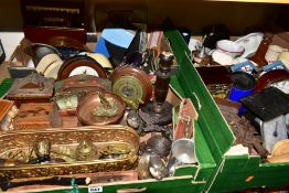 FIVE BOXES OF TREEN, CERAMICS, METALWARES, STAMPS AND SUNDRY ITEMS, to include decorative brass