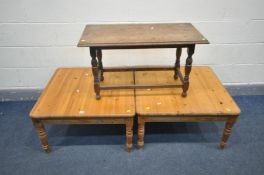 TWO PINE SQUARE TOPPED COFFEE TABLES, 76cm x height 43cm, and an oak rectangular coffee table (3)