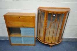 A 1940'S DEMI LUNE CHINA CABINET, width 88cm x depth 35cm x height 117cm, and an oak flat front