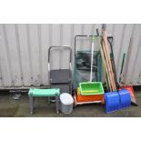 A SELECTION OF GARDEN TOOLS including a lawn sweeper, a lawn seeder, a set of steps etc