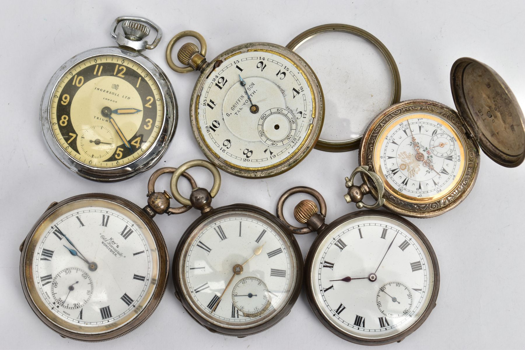 A BAG OF ASSORTED SILVER AND WHITE METAL POCKET WATCHES, to include a silver 'Kay's' open face