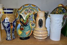 A GROUP OF CERAMICS AND GLASS VASES, and two ceramic plates, to include a Doulton Lambeth footed
