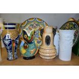 A GROUP OF CERAMICS AND GLASS VASES, and two ceramic plates, to include a Doulton Lambeth footed