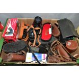 A BOX OF PHOTOGRAPHIC EQUIPMENT AND BINOCULARS ETC, to include a Nettar 120 film camera, Olympus