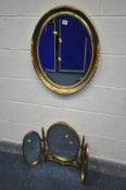 AN OVAL GILT FRAMED BEVELLED EDGE WALL MIRROR, and a gilt framed triple dressing mirror (2)