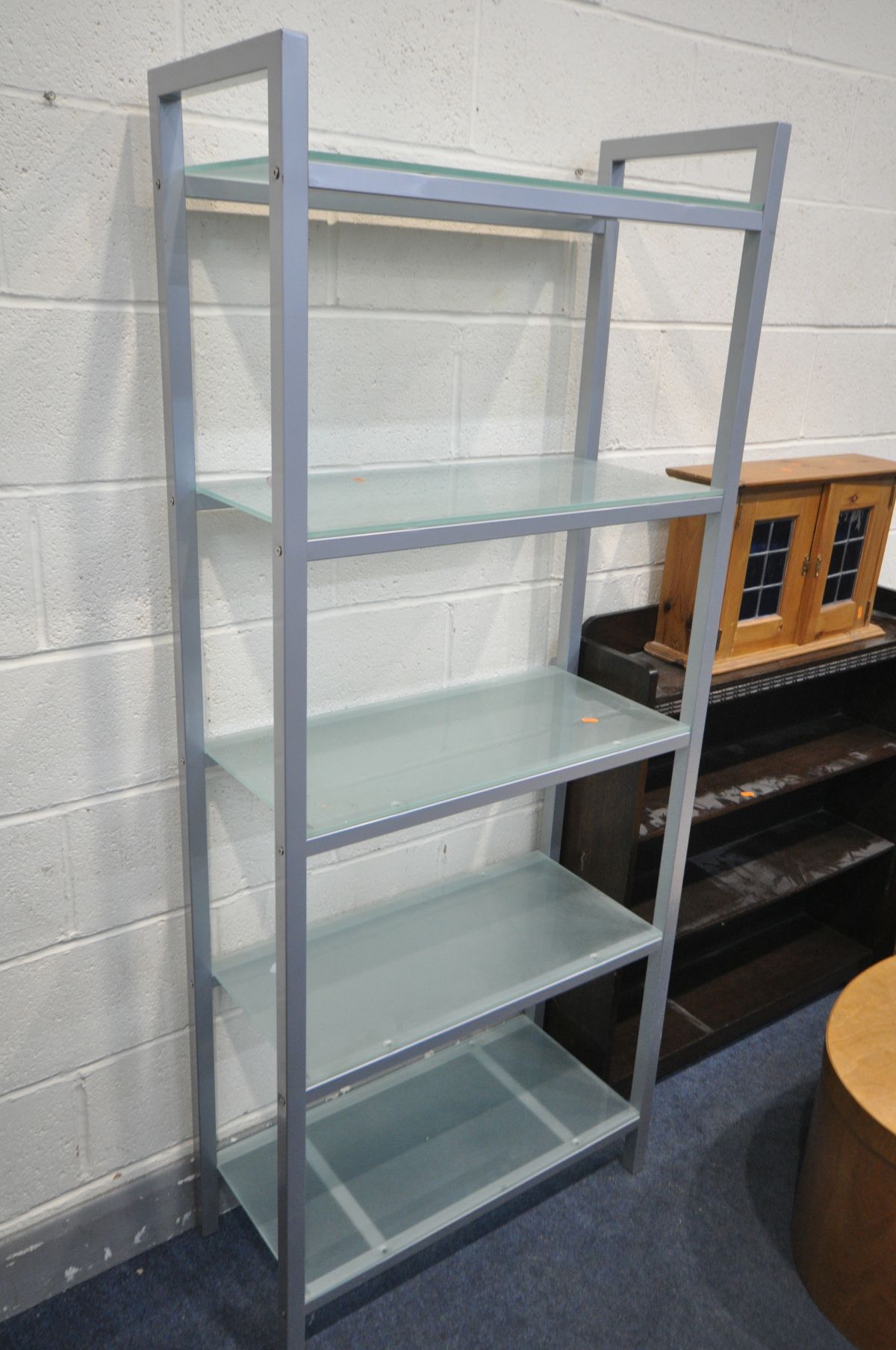 A CHROME AND GLASS FIVE TIER OPEN BOOKCASE, width 76cm x depth 34cm x height 178cm, two wooden - Image 4 of 4