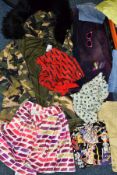 A BOX OF VINTAGE CLOTHING, coats, jackets, jeans, skirts and tops from brands including Moschino