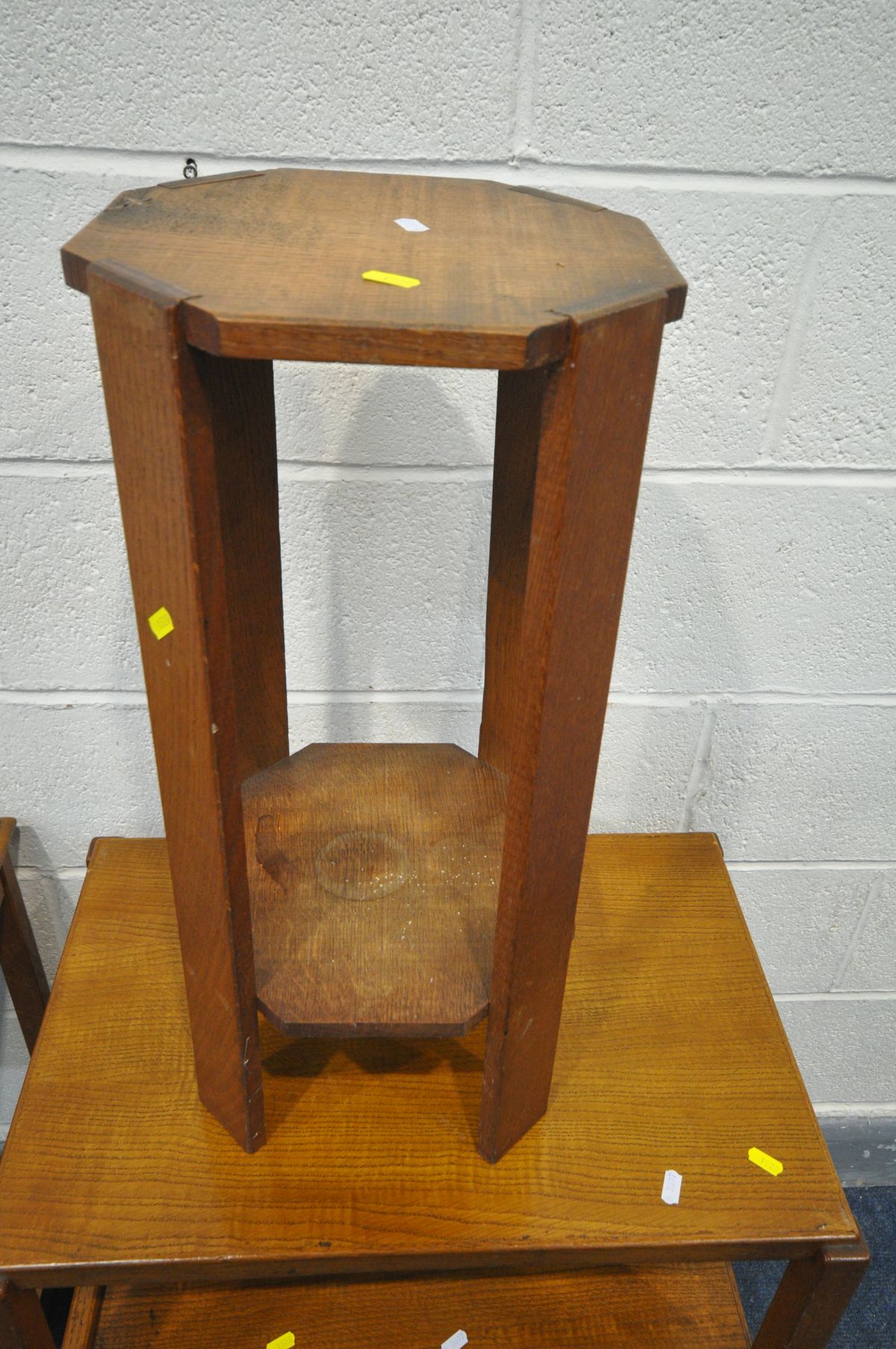 A NEAR PAIR OF TALL OAK OCCASIONAL TABLES, width 38cm x depth 30cm x height 70cm, an oak tea trolley - Image 3 of 4