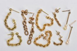A BAG OF ASSORTED EARRINGS, to include a pair of openwork twist drop earrings, post and scroll