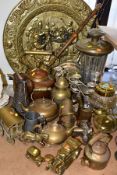A GROUP OF BRASS AND OTHER METAL WARES, to include a very large brass charger diameter approximately