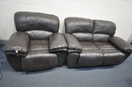 A BROWN LEATHER TWO PIECE LOUNGE SUITE, comprising of a two seater manual recliner and an electric