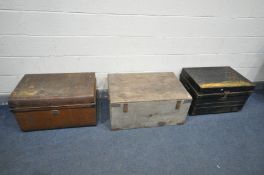 A LARGE METAL DEED BOX, width 72cm x depth 50cm x height 44cm, a tin trunk, and a plywood chest (3)