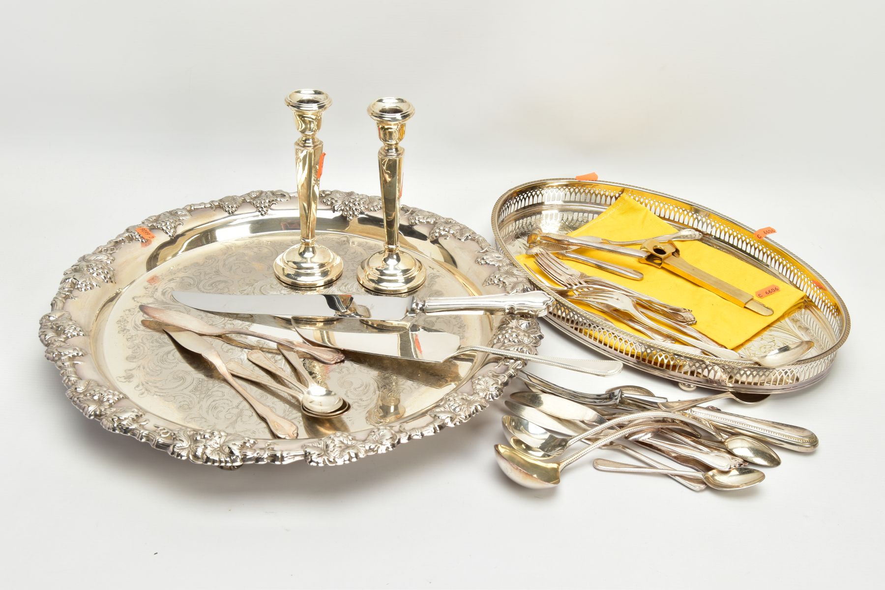 A PAIR OF SILVER CANDLESTICKS AND WHITE METAL WARE, the pair of silver candle sticks with tapered