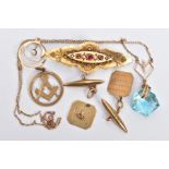 A BAG OF ASSORTED 9CT GOLD AND YELLOW METAL JEWELLERY, to include a pair of AF cufflinks, each of