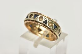 A 9CT GOLD FULL ETERNITY RING, set with blue triangular cut paste and colourless circular cut