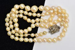 A CULTURED PEARL NECKLACE, a single row of graduated cultured pearls, cream with a pink hue, largest