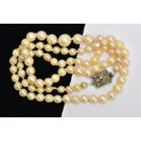 A CULTURED PEARL NECKLACE, a single row of graduated cultured pearls, cream with a pink hue, largest