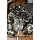 A BOX OF METALWARES, including Old Hall stainless steel designed by Robert Welsh, comprising an