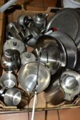 A BOX OF METALWARES, including Old Hall stainless steel designed by Robert Welsh, comprising an