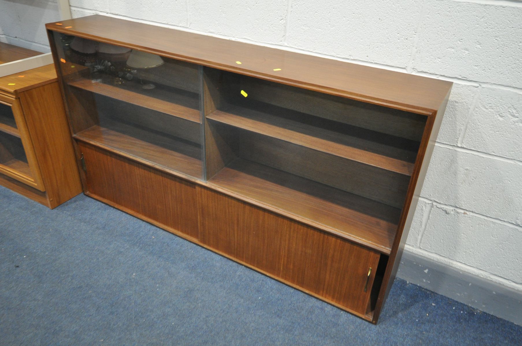 A MID CENTURY AFROMOSIA TEAK GLAZED BOOKCASE, width 153cm x depth 28cm x height 84cm (missing base - Image 2 of 4