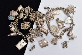 TWO SILVER CHARM BRACELETS AND LOOSE CHARMS, the first a curb link chain each link stamped sterling,
