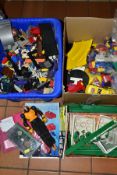 TWO BOXES OF TOYS, to include a quantity of Lego bricks, figures and accessories, a box of Mega