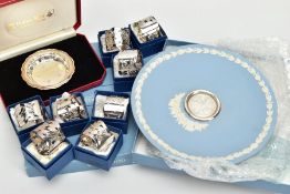 A BOX OF ASSORTED ITEMS, to include a cased Pobjoy Mint silver ashtray, hallmarked Sheffield 1977