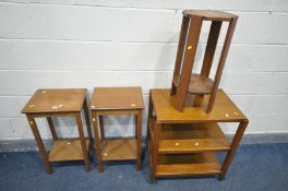 A NEAR PAIR OF TALL OAK OCCASIONAL TABLES, width 38cm x depth 30cm x height 70cm, an oak tea trolley