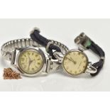 TWO WRISTWATCHES AND A YELLOW METAL BROKEN CHAIN, a stainless steel 'Baume' wristwatch, round