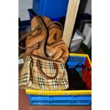 FOUR BOXES OF LADIES CLOTHES AND BAGS, to include trousers, skirts, blouses and knitwear, in various