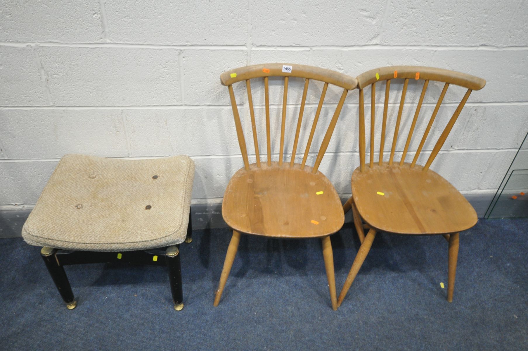 A PAIR OF ERCOL WINDSOR BOW TOP CHAIRS (condition:-worn finish) and a g plan tola and black dressing