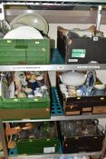 SIX BOXES OF ASSORTED CERAMICS AND GLASSWARE, including a Continental porcelain figure of a man