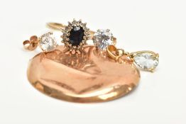 A 9CT GOLD CLUSTER RING, PAIR OF EARRINGS, PENDANT AND A WATCH BACK, the cluster designed with a