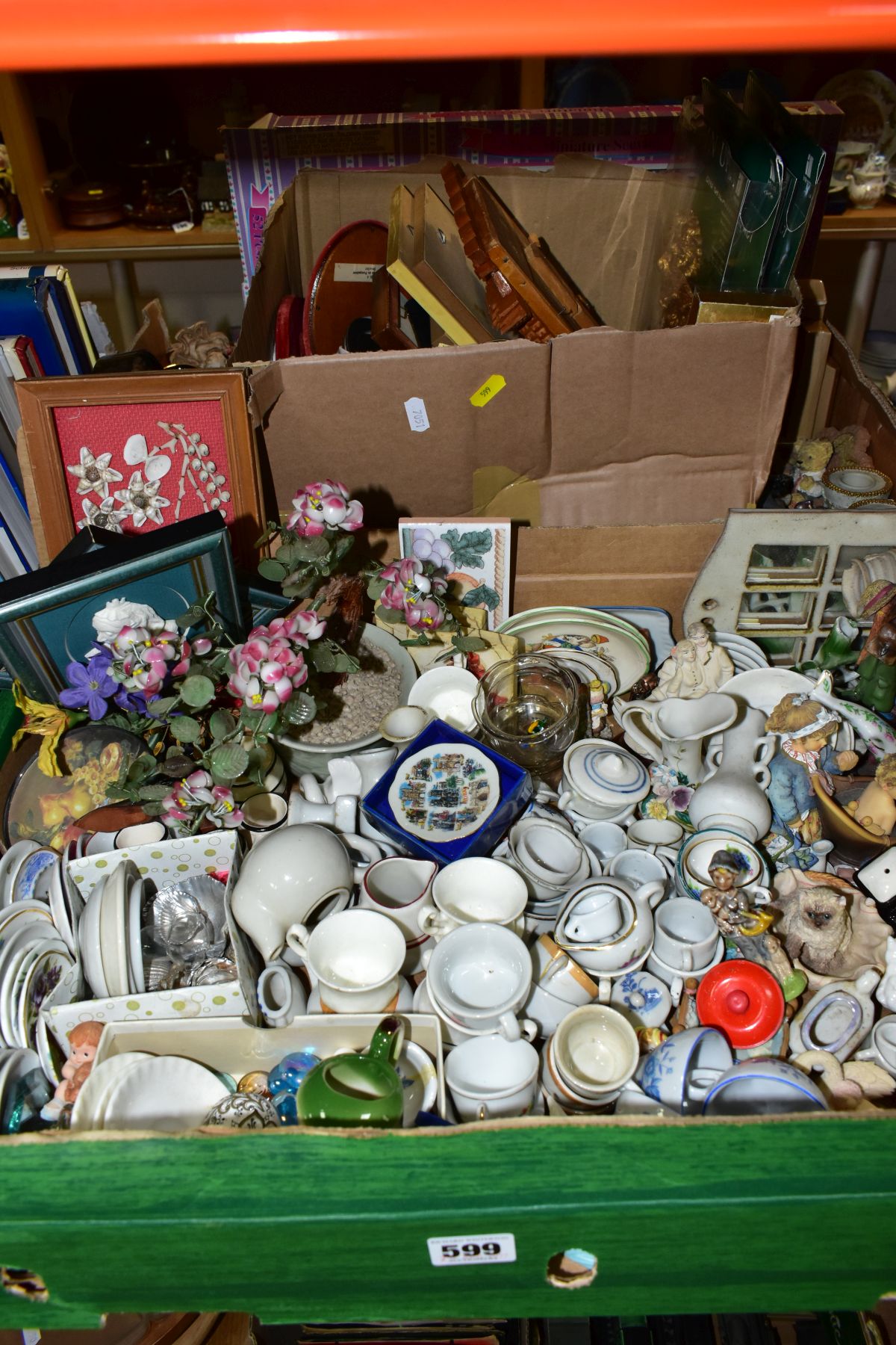 THREE BOXES OF MINIATURE CERAMICS, SMALL PICTURE FRAMES, ORNAMENTS AND SUNDRY ITEMS, to include a