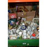 THREE BOXES OF MINIATURE CERAMICS, SMALL PICTURE FRAMES, ORNAMENTS AND SUNDRY ITEMS, to include a