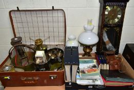 A BOX AND LOOSE LAMPS, METALWARES, CLOCKS, MAGAZINES AND SUNDRY ITEMS, to include two table lamps in