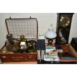 A BOX AND LOOSE LAMPS, METALWARES, CLOCKS, MAGAZINES AND SUNDRY ITEMS, to include two table lamps in