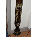 A TALL WOODEN TRIBAL MASK, modern and free standing with carved, painted and applied details, height