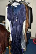 A SMALL QUANTITY OF LADIES CLOTHING, comprising an Ann Harvey size 28 beaded blue silk /viscose full