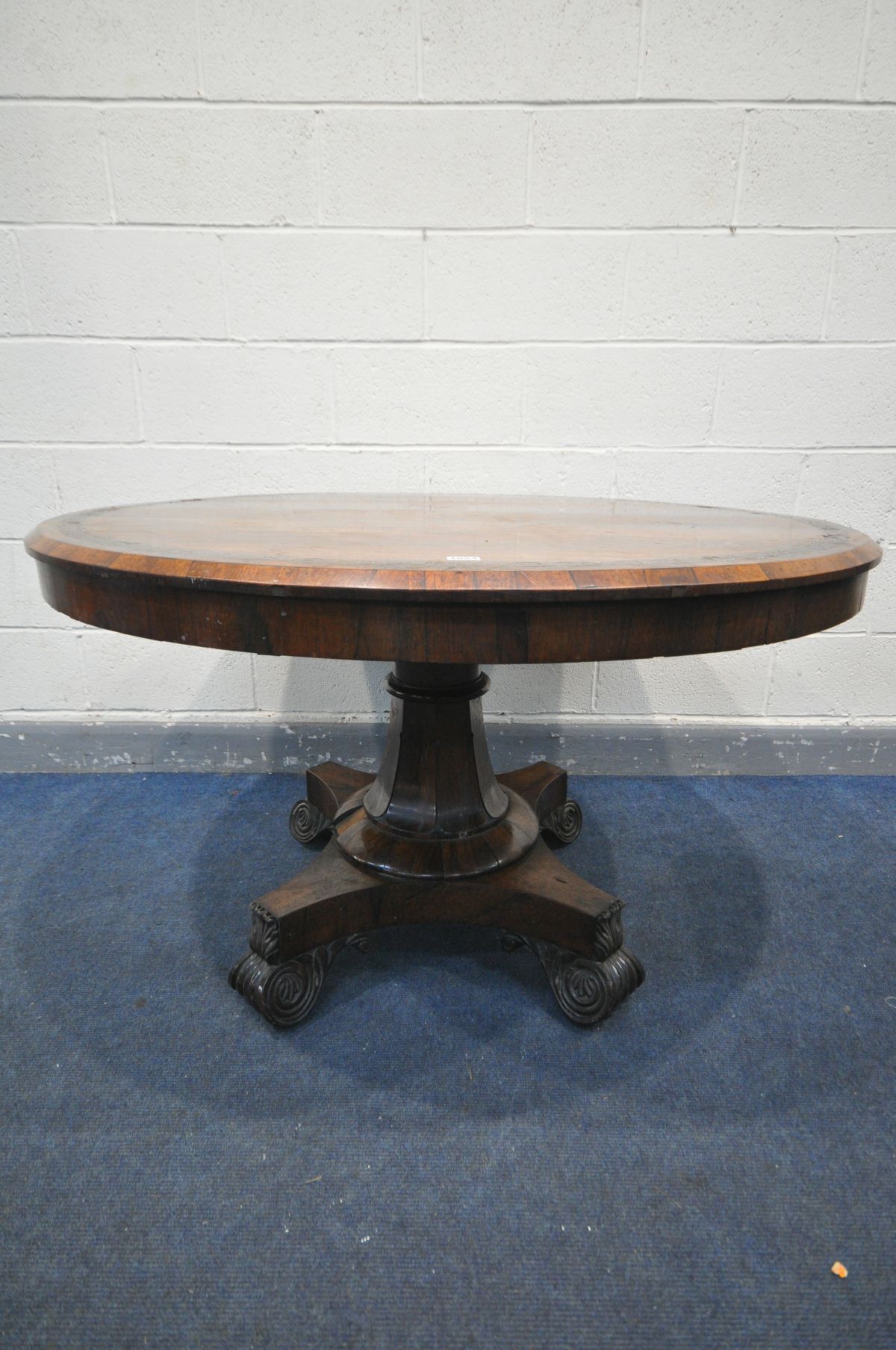 A GEORGE IV ROSEWOOD BREAKFAST TABLE, the circular tilt-top with a foliate brass inlaid border, on a - Image 4 of 11