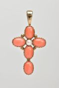 A 9CT GOLD CORAL AND PEARL CROSS PENDANT, set with five pink coral oval cabochons and a central
