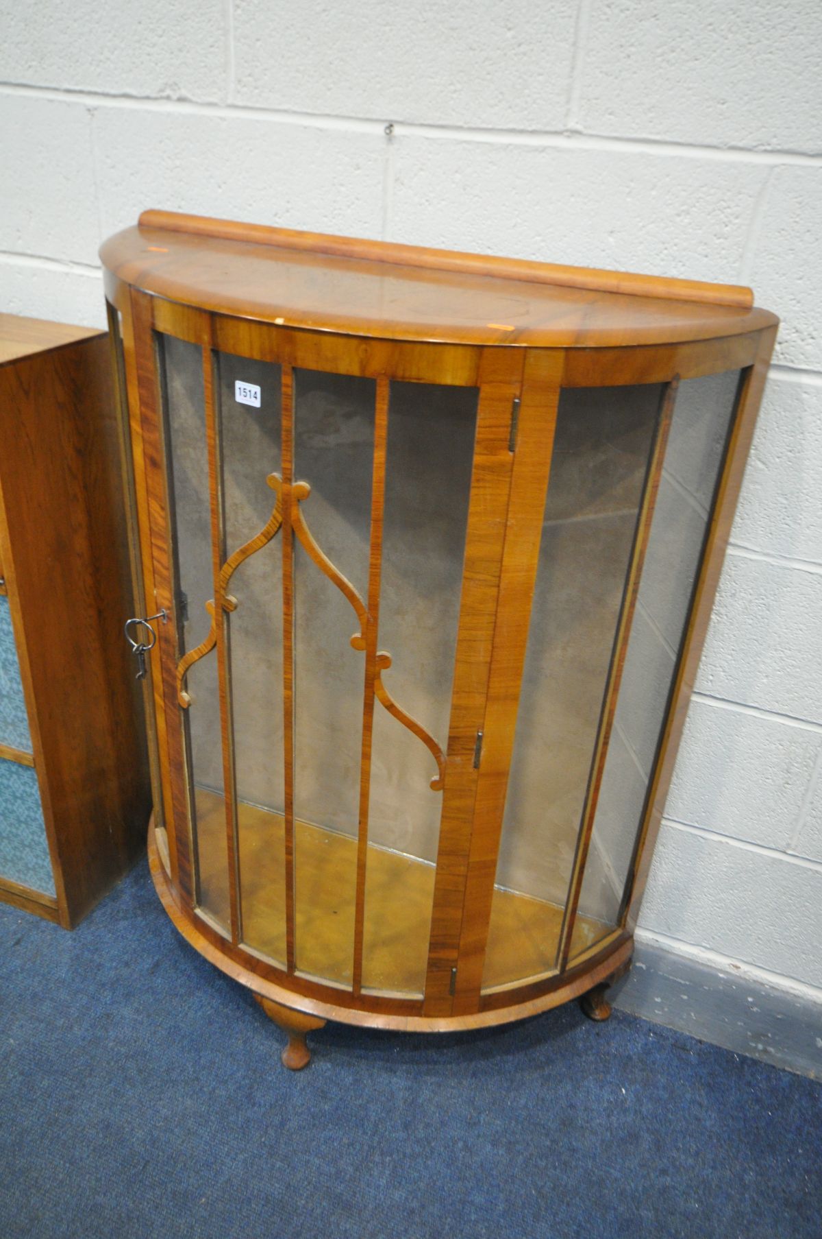 A 1940'S DEMI LUNE CHINA CABINET, width 88cm x depth 35cm x height 117cm, and an oak flat front - Image 2 of 3