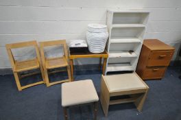 A SELECTION OF OCCASIONAL FURNITURE, to include a two beech folding chairs (Sd) folding tray/